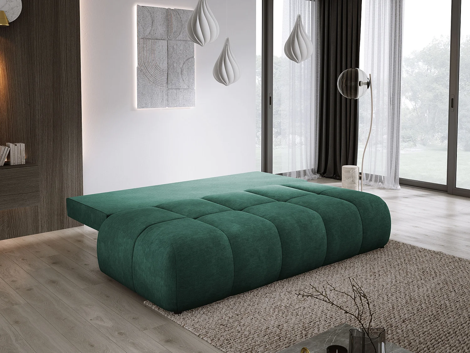 Sofa COCO MINI convertible avec couchage, tissu CLOUD, 2 places, autoportant, 205x105x97 cm, couleur : Vert