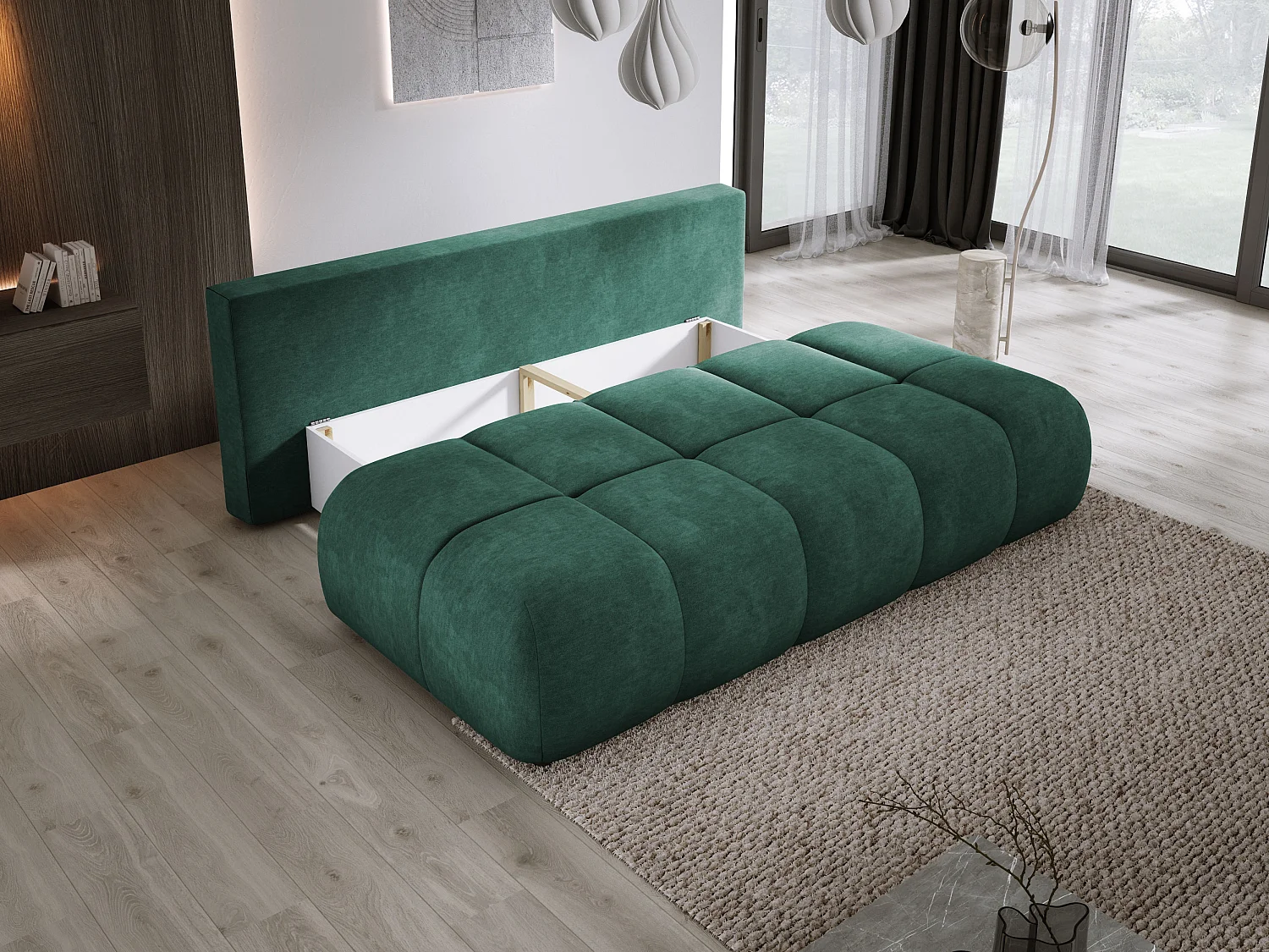 Sofa COCO MINI convertible avec couchage, tissu CLOUD, 2 places, autoportant, 205x105x97 cm, couleur : Vert