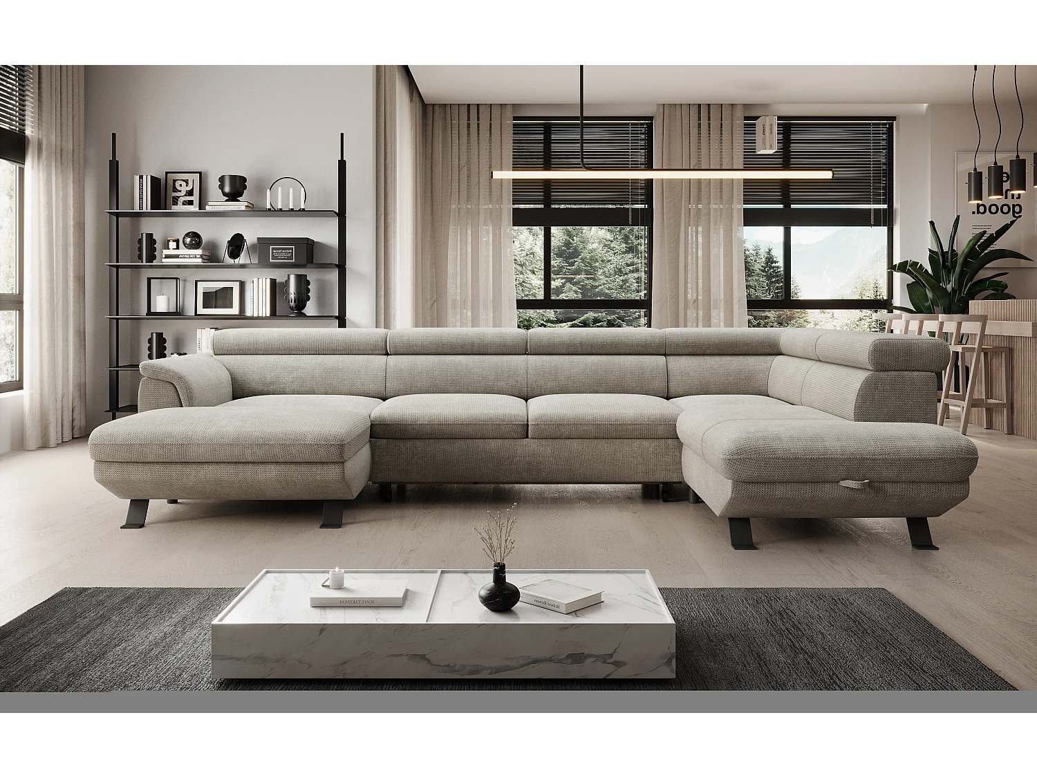 ECKSOFA RAVEN XL Eckcouch mit Schlaffunktion mit Ausziehbett, Verstellbaren Kopfstützen, Bettkasten, Großes Sofa 334x198x162cm Rechte Seite Nata