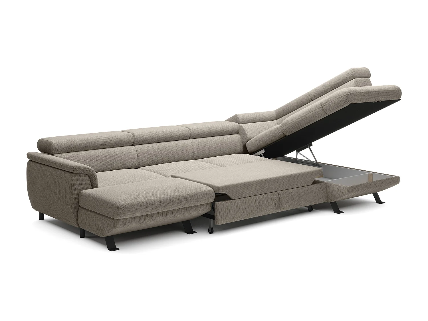 Canapé d'angle RAVEN XL convertible avec tiroir-lit, appuie-têtes réglables, coffre, 334x198x162cm, côté droit Crème