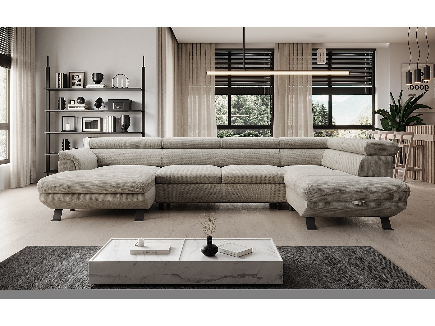 Robin Paris Canapé D'angle Convertible Avec Lit Et Tiroir – 240x165x90 Cm – Angle Droit – Coussins Noirs – 5 Appuie-têtes Réglables – Mécanisme Delfin – Fabriqué UE