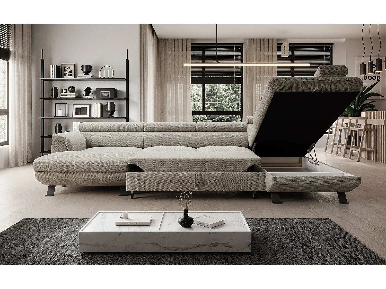 Canapé d'angle RAVEN XL convertible avec tiroir-lit, appuie-têtes réglables, coffre, 334x198x162cm, côté droit Crème