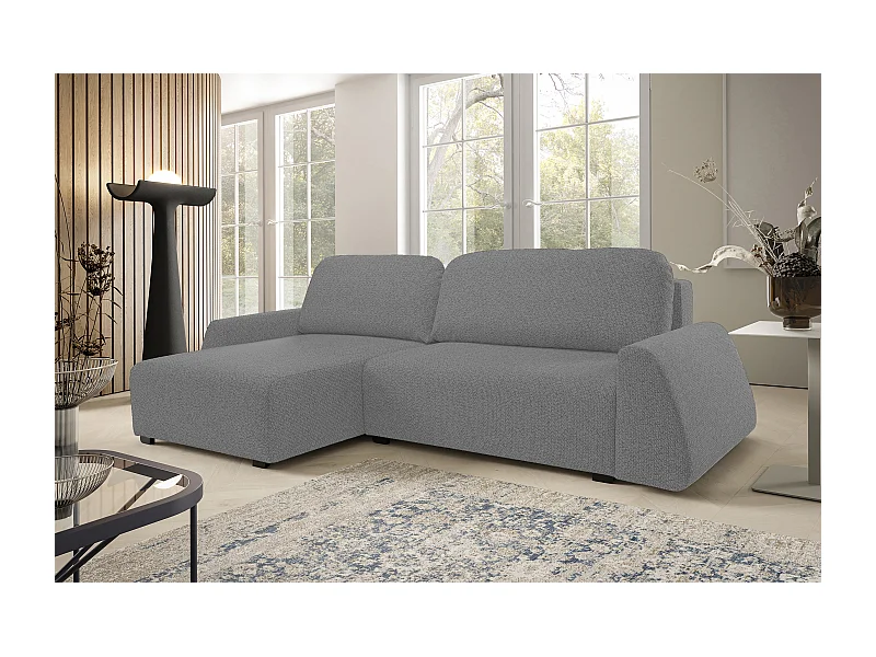 Canapé d'angle ALMI 160x275 cm, couchage, coffre, ressorts, assise confortable, côté gauche, argenté