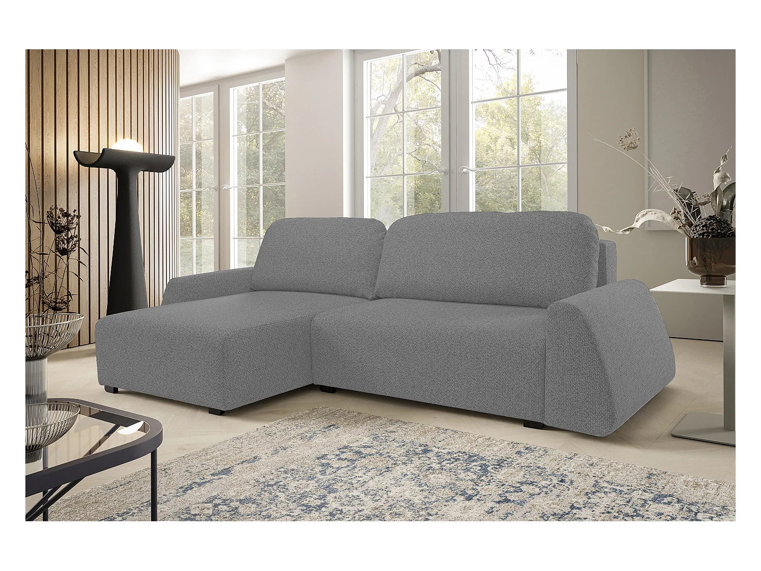 Canapé d'angle ALMI 160x275 cm, couchage, coffre, ressorts, assise confortable, côté gauche, argenté