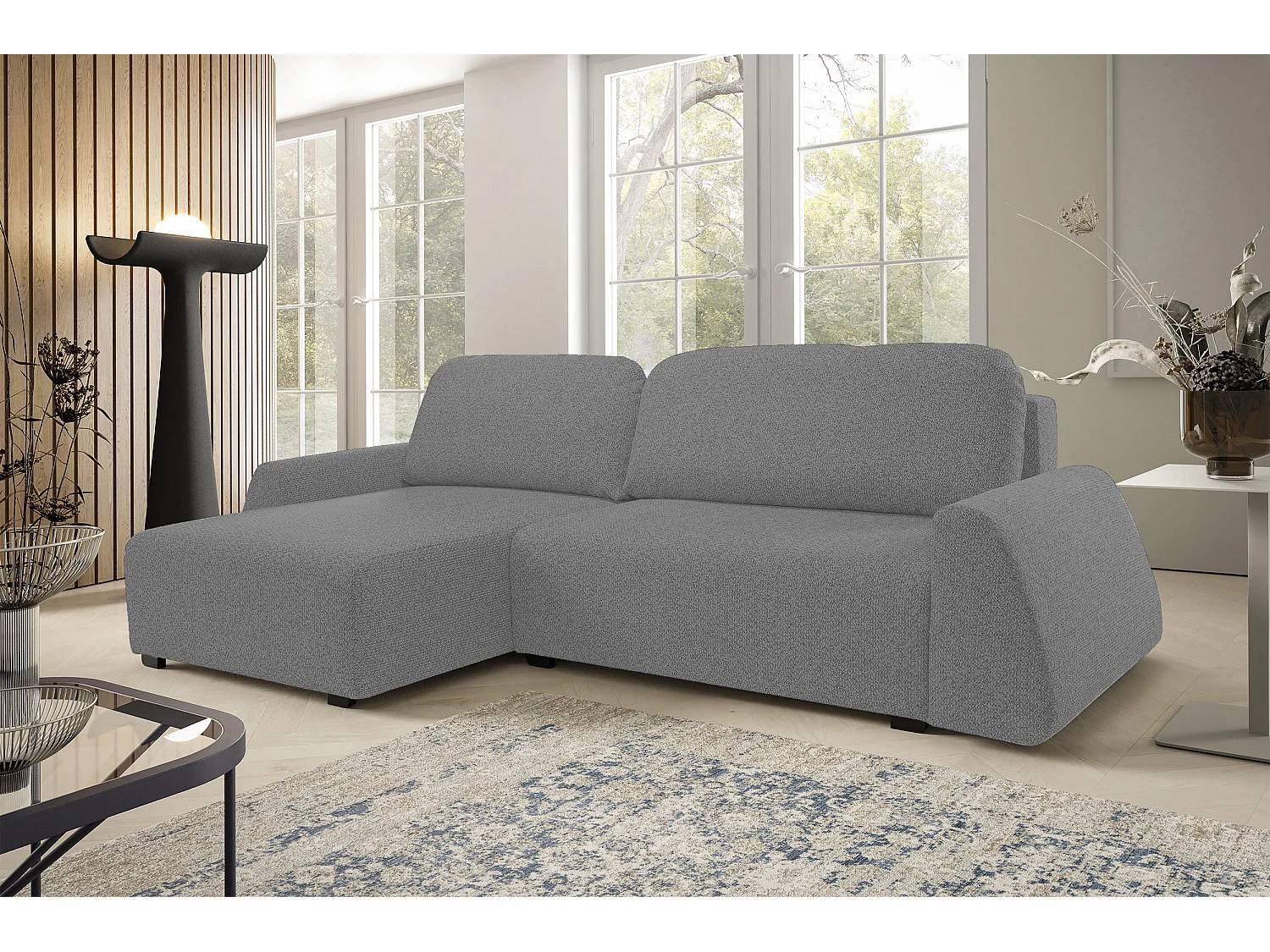 Canapé d'angle ALMI 160x275 cm, couchage, coffre, ressorts, assise confortable, côté gauche, argenté