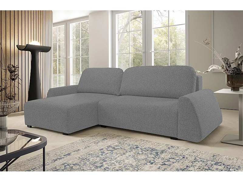 Canapé d'angle ALMI 160x275 cm, couchage, coffre, ressorts, assise confortable, côté gauche, argenté