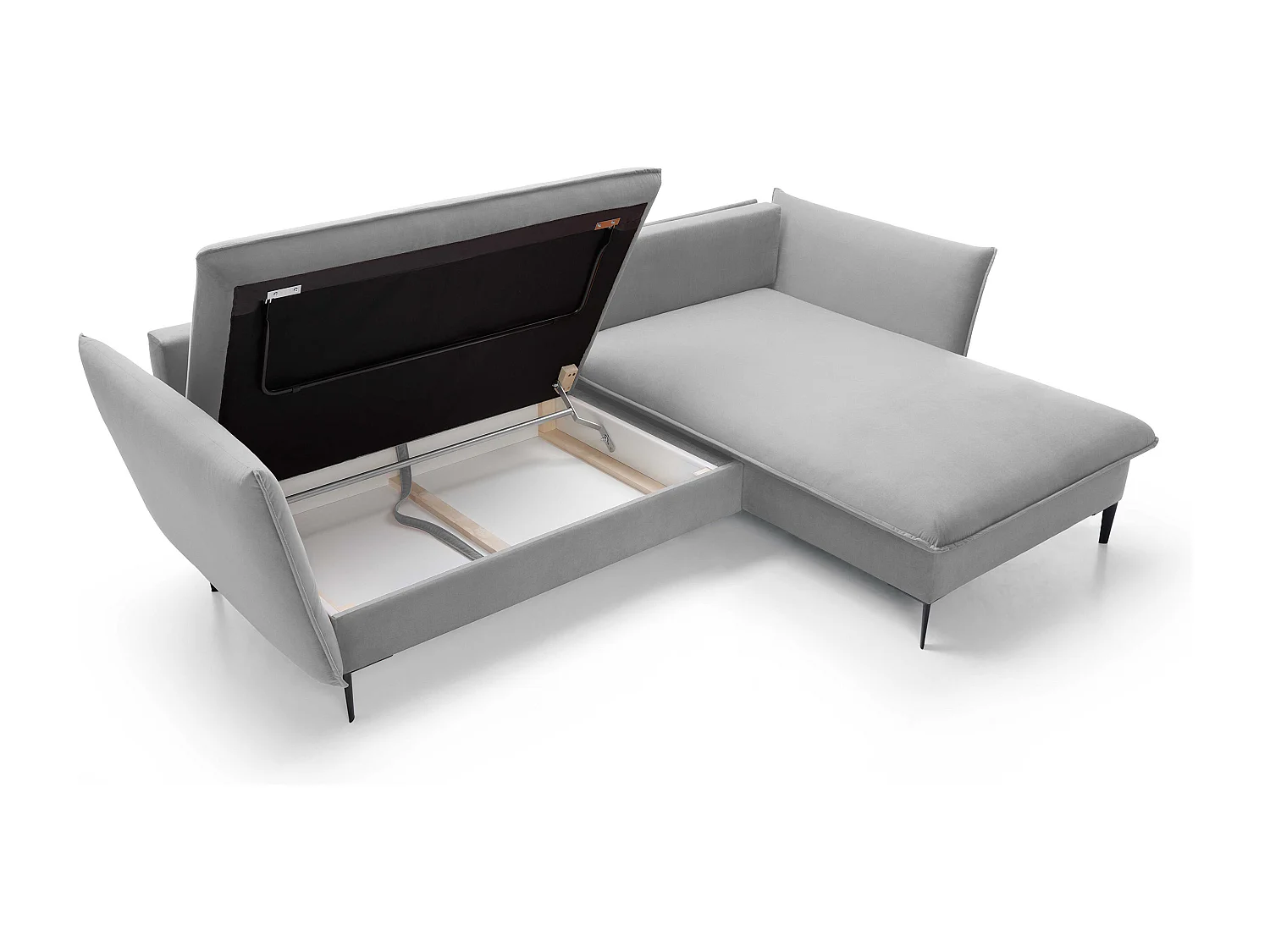 Narożnik GLOSS z funkcją spania, otomana, złote nogi, welur, styl GLOSSour, poduszki, 258x167x91cm, prawa strona szary