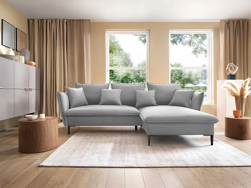 Hoekbank GLOSS met slaapfunctie, ottomane & gouden poten – fluwelen bank in GLOSSstijl met sierkussens, 258x167x91cm, Rechterkant GRIJS