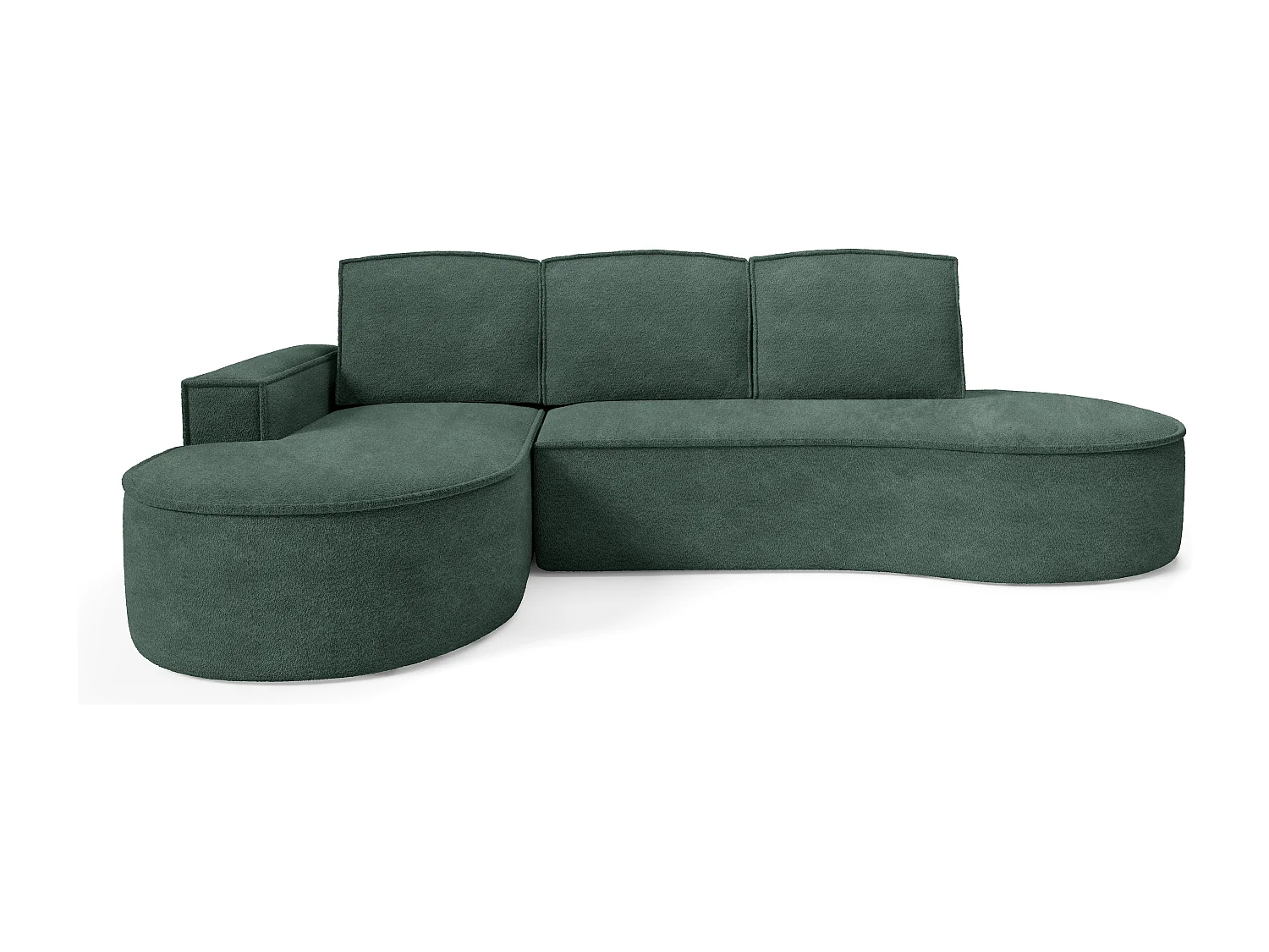 Canapé d'angle MOLLY avec couchage - Design arrondi, autoportant, 140x207 cm, 3 coussins, tissu Abriamo, 277x157x88 cm, côté gauche vert