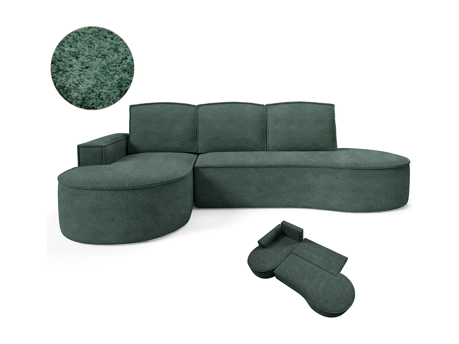 Canapé d'angle MOLLY avec couchage - Design arrondi, autoportant, 140x207 cm, 3 coussins, tissu Abriamo, 277x157x88 cm, côté gauche vert