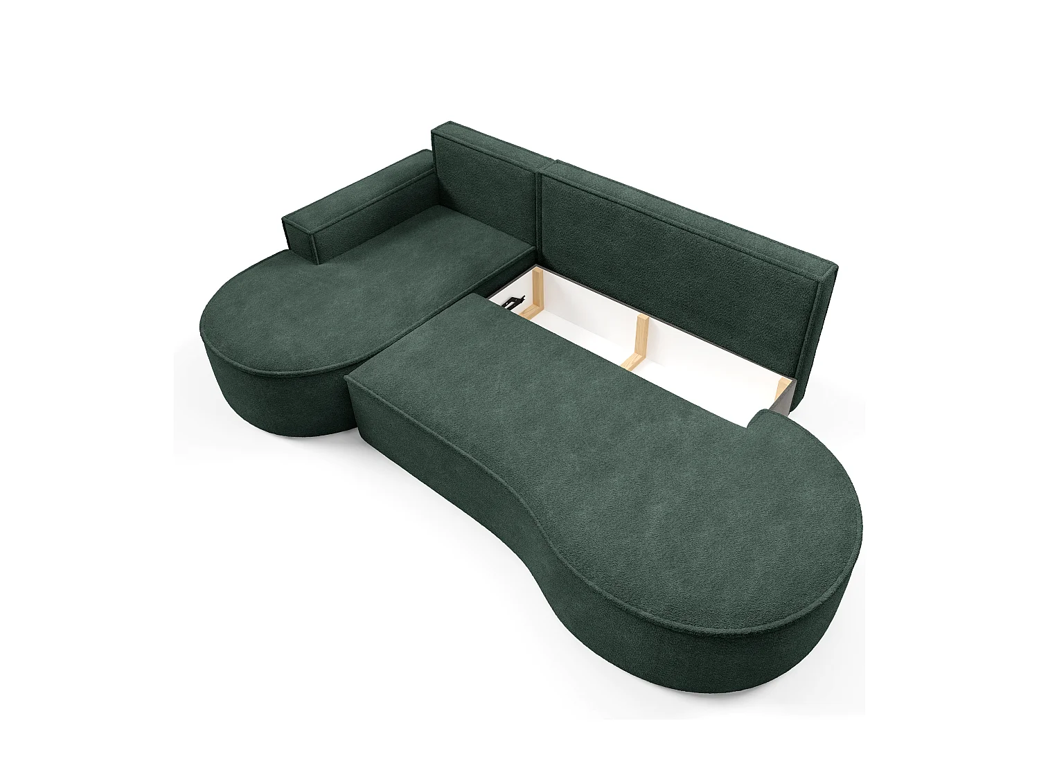 Canapé d'angle MOLLY avec couchage - Design arrondi, autoportant, 140x207 cm, 3 coussins, tissu Abriamo, 277x157x88 cm, côté gauche vert