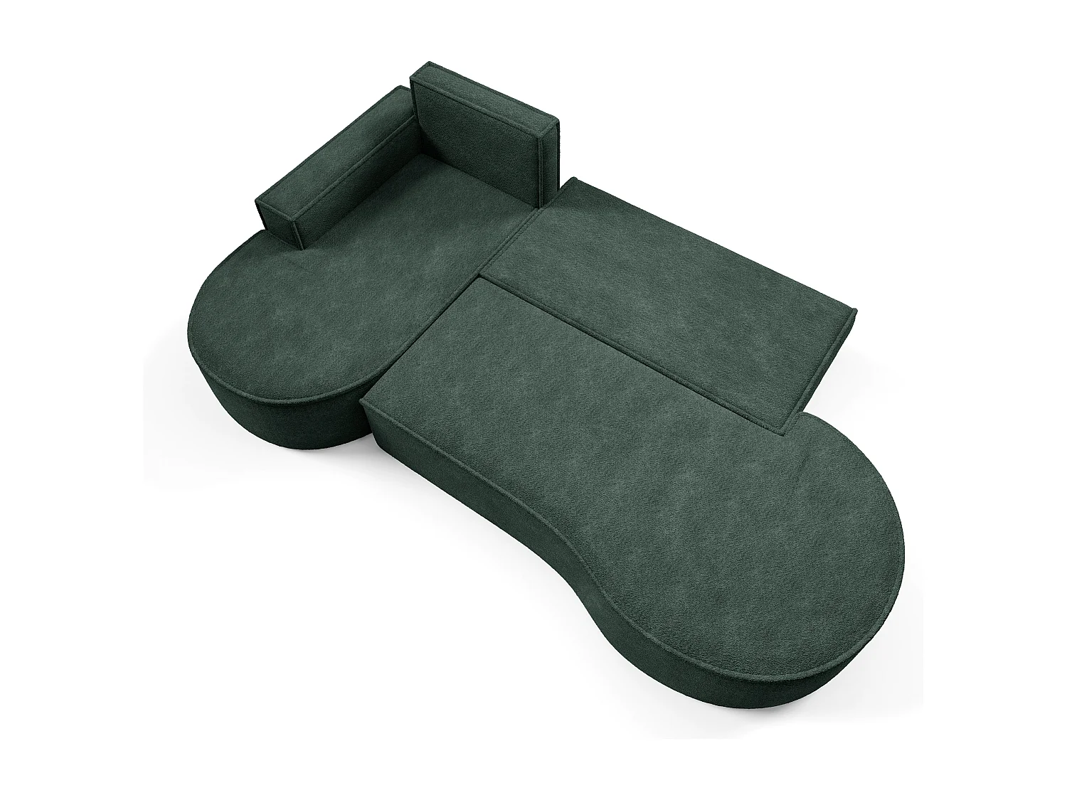 Canapé d'angle MOLLY avec couchage - Design arrondi, autoportant, 140x207 cm, 3 coussins, tissu Abriamo, 277x157x88 cm, côté gauche vert