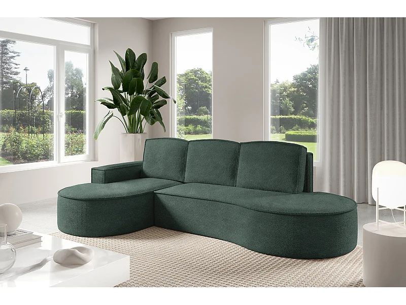 Canapé d'angle MOLLY avec couchage - Design arrondi, autoportant, 140x207 cm, 3 coussins, tissu Abriamo, 277x157x88 cm, côté gauche vert