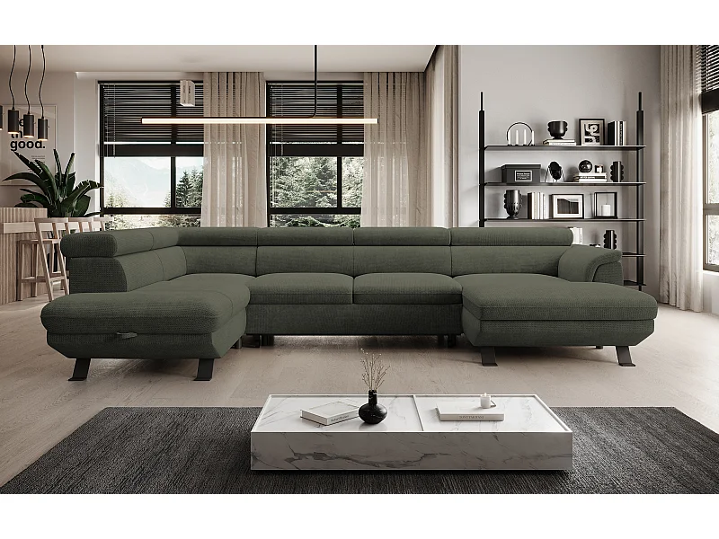 Canapé d'angle RAVEN XL convertible avec tiroir-lit, appuie-têtes réglables, coffre, 334x198x162cm, côté gauche Taupe