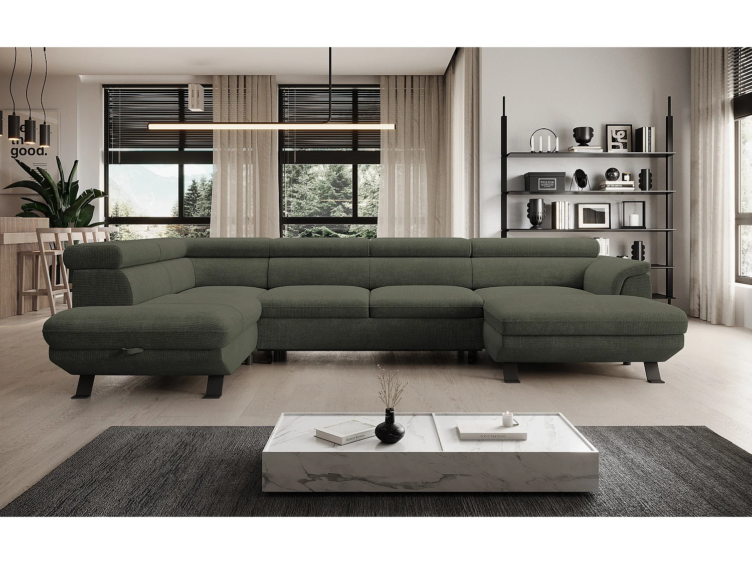 Canapé d'angle RAVEN XL convertible avec tiroir-lit, appuie-têtes réglables, coffre, 334x198x162cm, côté gauche Taupe