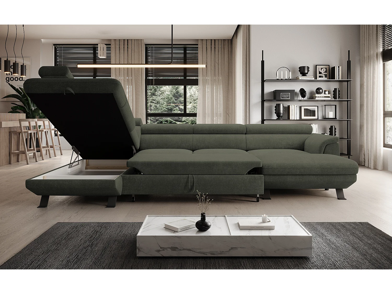 Canapé d'angle RAVEN XL convertible avec tiroir-lit, appuie-têtes réglables, coffre, 334x198x162cm, côté gauche Taupe