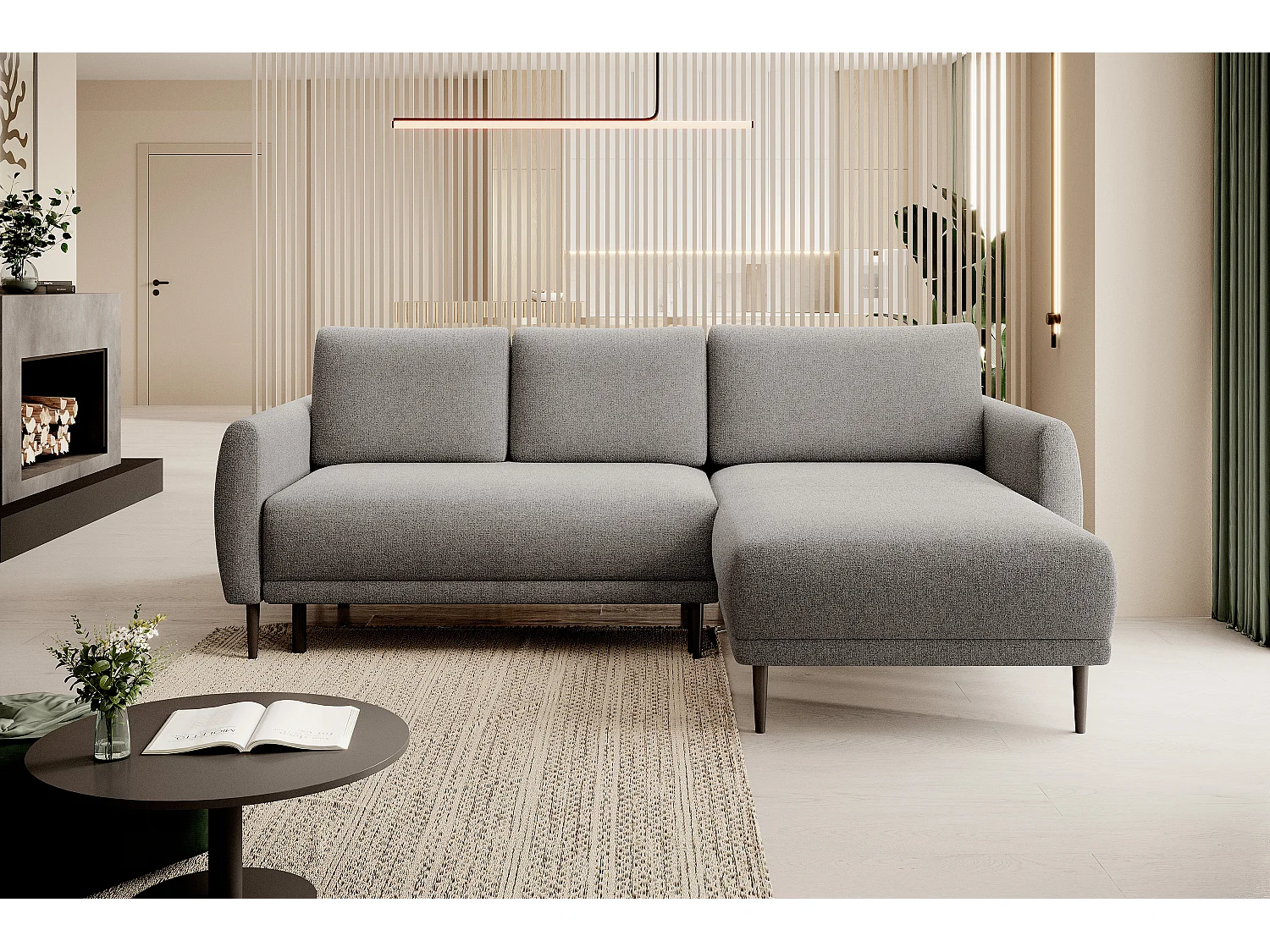 ECKSOFA BONO Sofa met slaapfunctie Stevige houten poten Stijlvolle armleggers Diepe zitting 226x164x88cm Rechterkant grijs