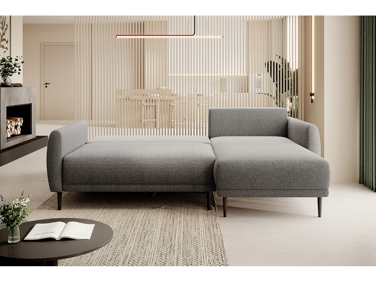 ECKSOFA BONO Sofa met slaapfunctie Stevige houten poten Stijlvolle armleggers Diepe zitting 226x164x88cm Rechterkant grijs