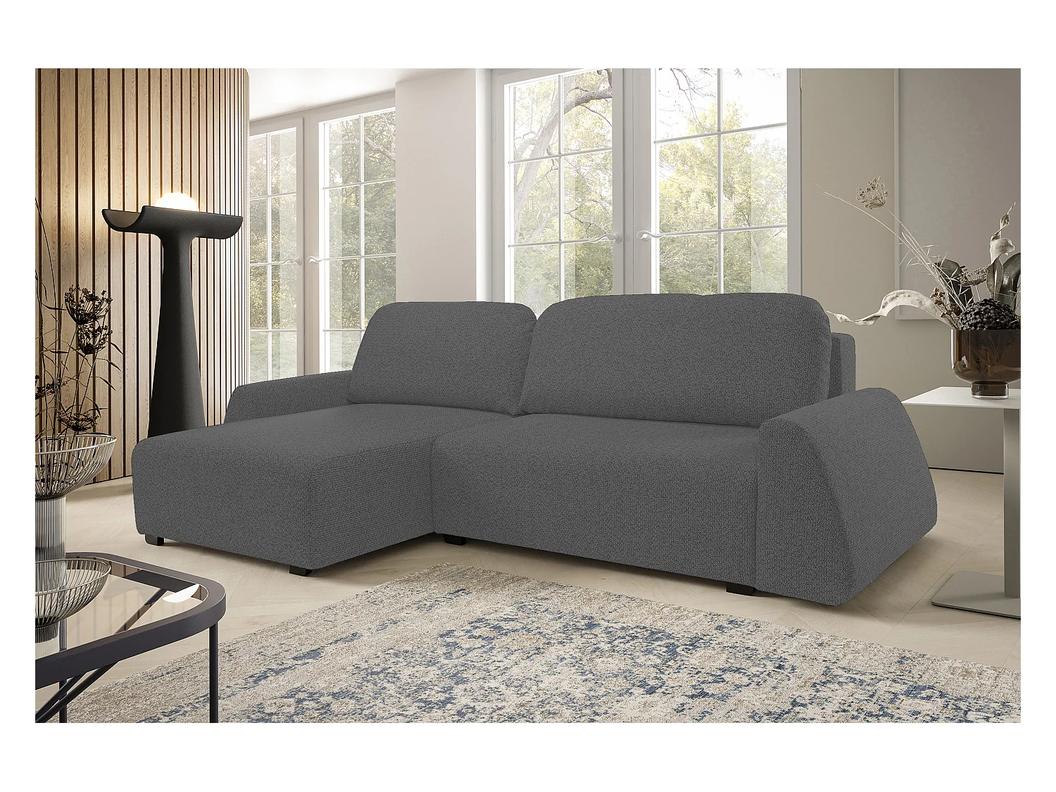Canapé d'angle ALMI 160x275 cm, couchage, coffre, ressorts, assise confortable, côté gauche, gris