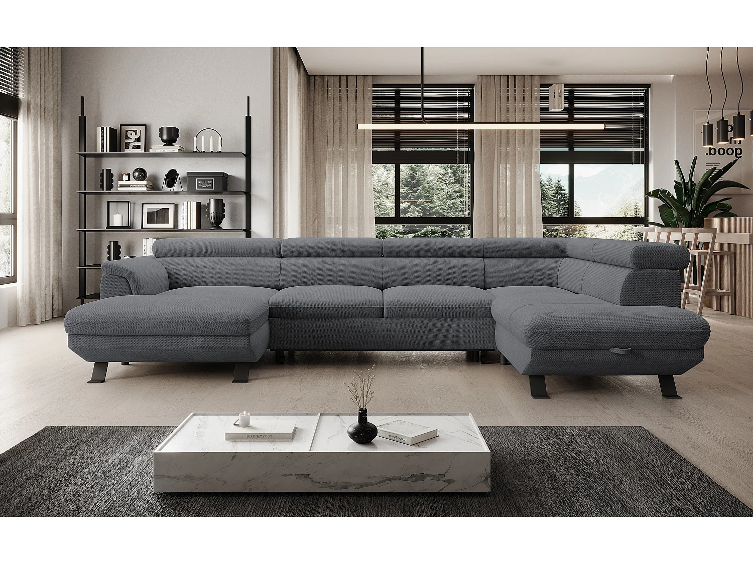 ECKSOFA RAVEN XL Eckcouch mit Schlaffunktion mit Ausziehbett, Verstellbaren Kopfstützen, Bettkasten, Großes Sofa 334x198x162cm Rechte Seite Stahl