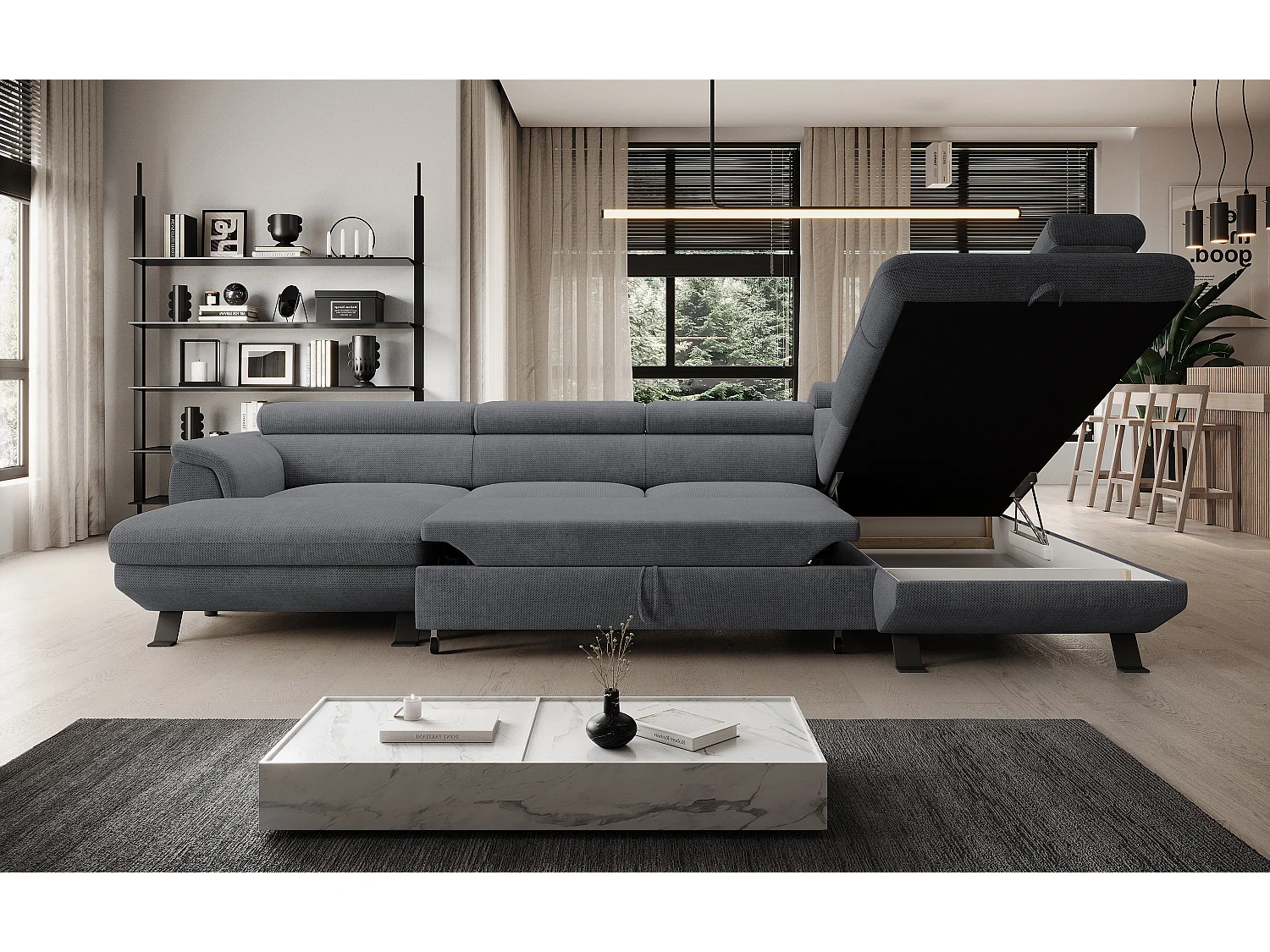 Canapé d'angle RAVEN XL convertible avec tiroir-lit, appuie-têtes réglables, coffre, 334x198x162cm, côté droit Acier