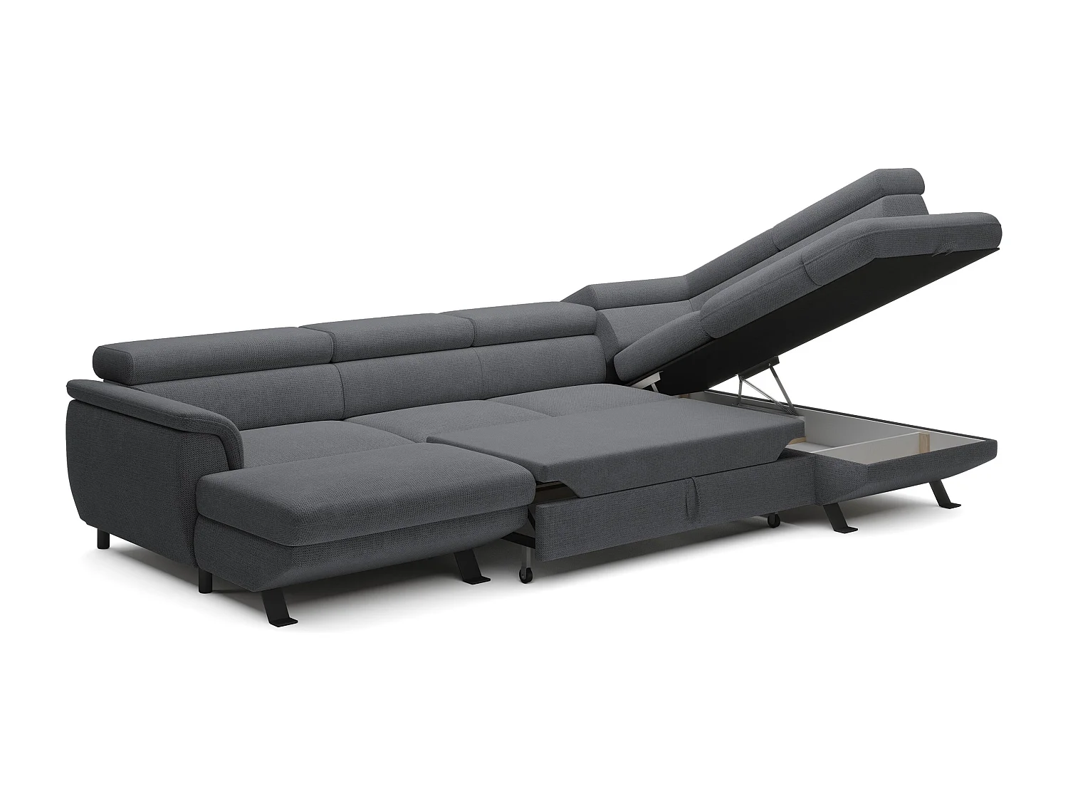 Canapé d'angle RAVEN XL convertible avec tiroir-lit, appuie-têtes réglables, coffre, 334x198x162cm, côté droit Acier