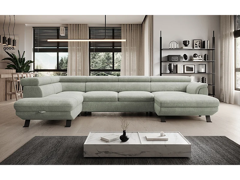 Canapé d'angle RAVEN XL convertible avec tiroir-lit, appuie-têtes réglables, coffre, 334x198x162cm, côté gauche Sable