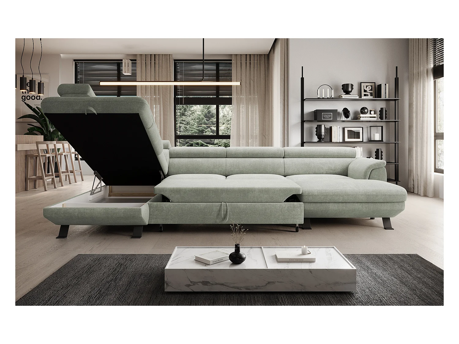 Canapé d'angle RAVEN XL convertible avec tiroir-lit, appuie-têtes réglables, coffre, 334x198x162cm, côté gauche Sable