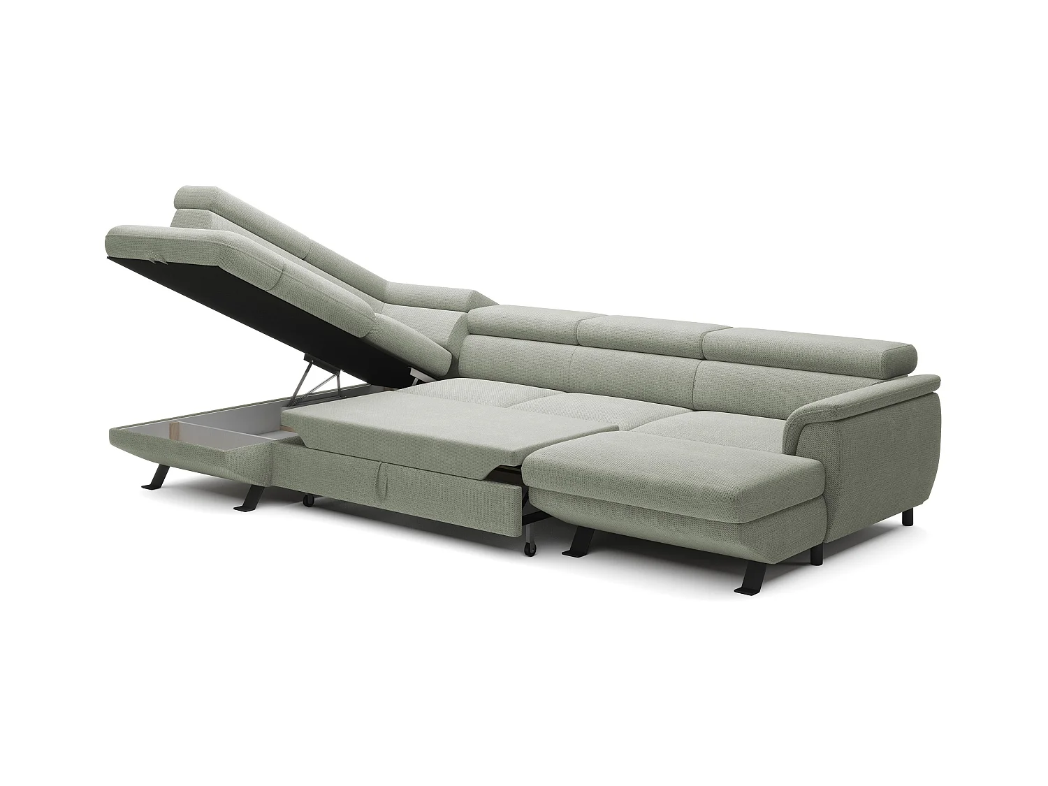 Canapé d'angle RAVEN XL convertible avec tiroir-lit, appuie-têtes réglables, coffre, 334x198x162cm, côté gauche Sable