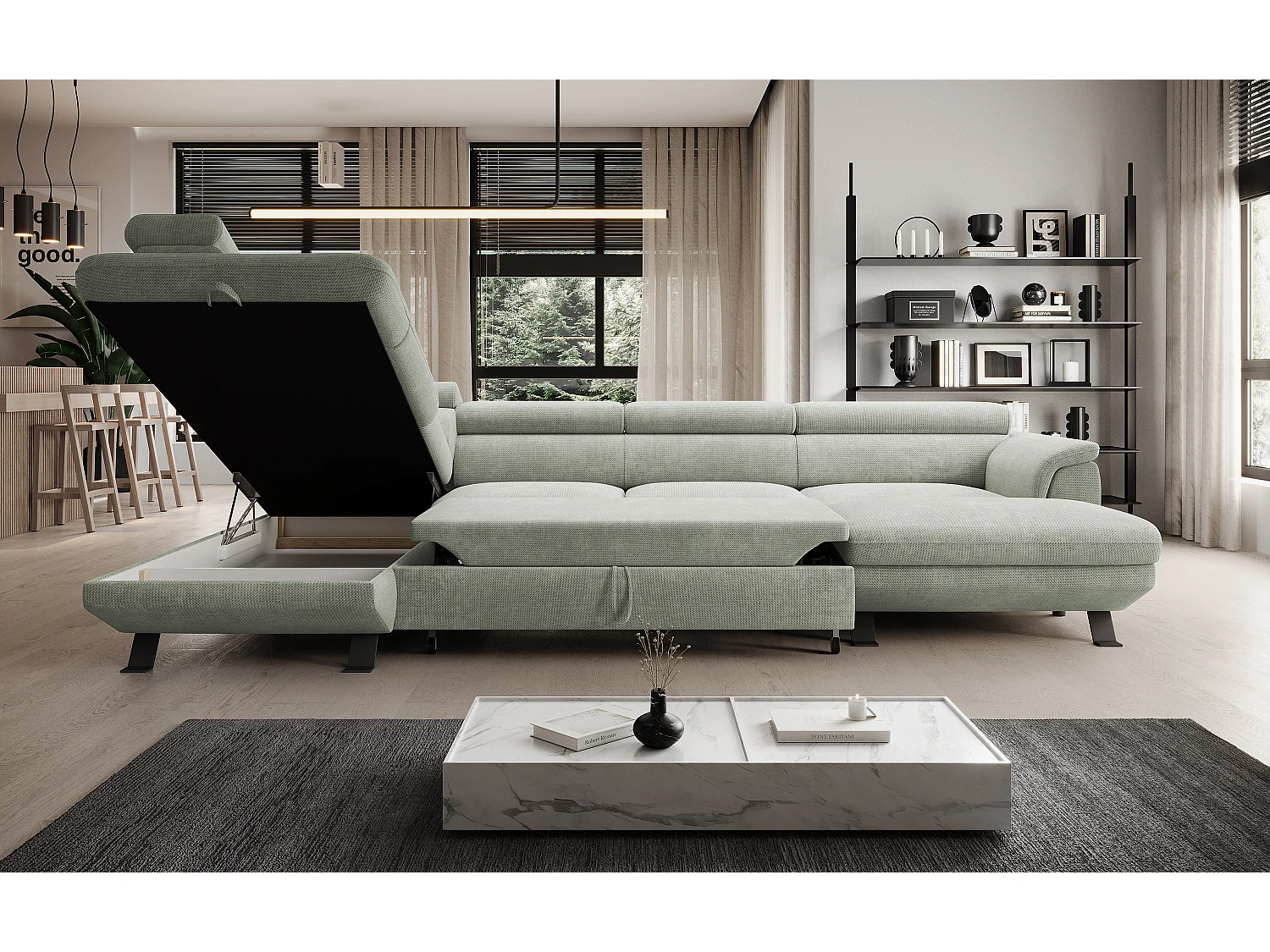 Canapé d'angle RAVEN XL convertible avec tiroir-lit, appuie-têtes réglables, coffre, 334x198x162cm, côté gauche Sable