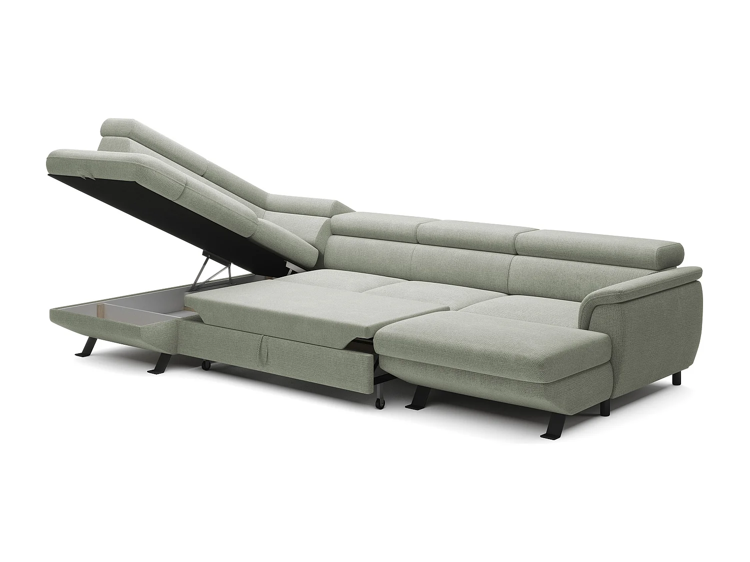 Canapé d'angle RAVEN XL convertible avec tiroir-lit, appuie-têtes réglables, coffre, 334x198x162cm, côté gauche Sable