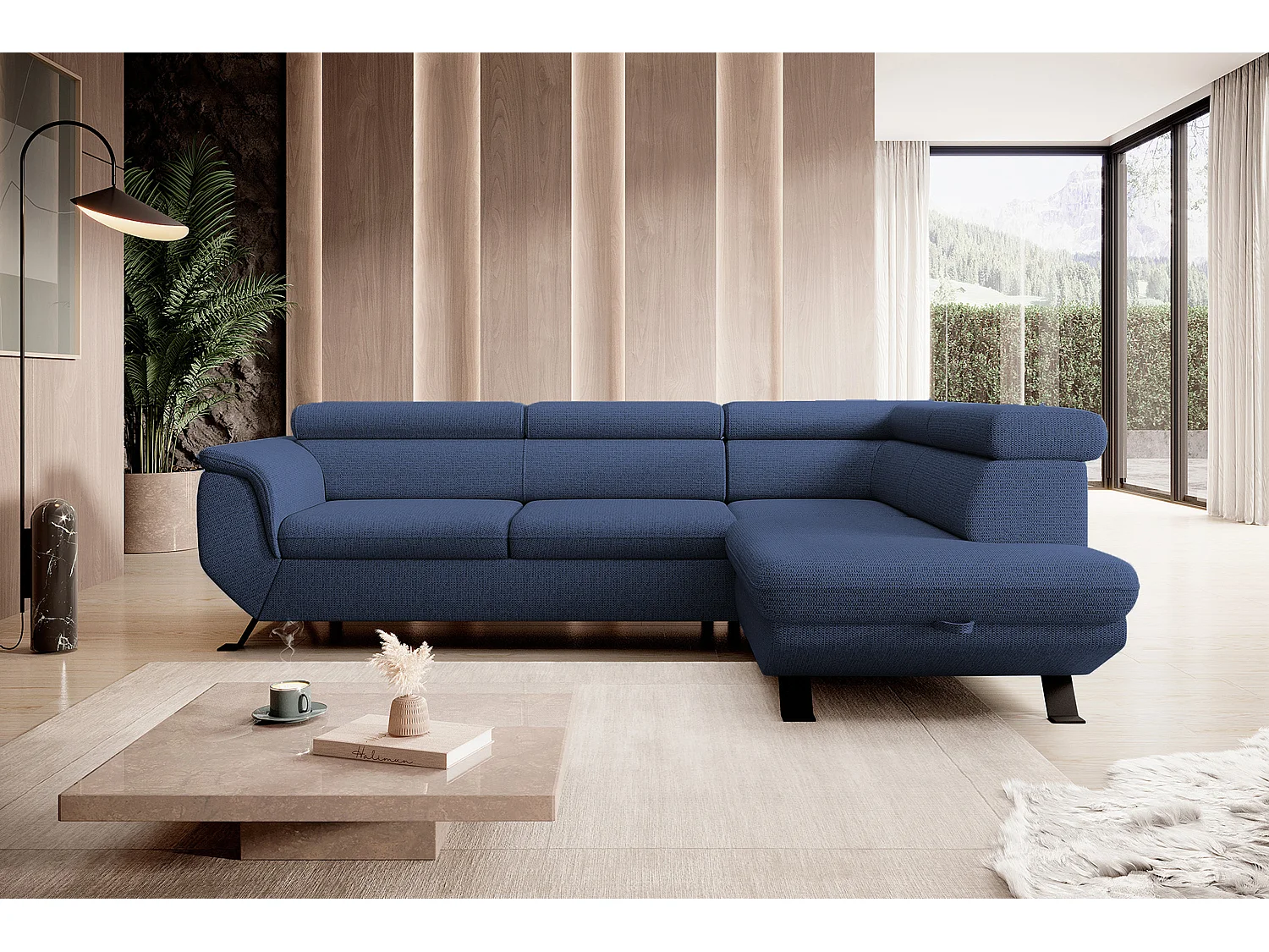 ECKSOFA RAVEN L mit Schlaffunktion und Bettkasten, Freistehend, Polstersofa mit Verstellbaren Kopfstützen, 257x198x96 cm, Rechte Seite, Blau