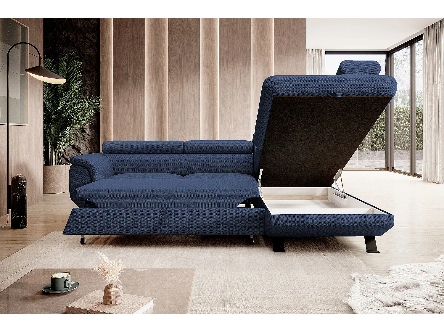 ECKSOFA RAVEN L mit Schlaffunktion und Bettkasten, Freistehend, Polstersofa mit Verstellbaren Kopfstützen, 257x198x96 cm, Rechte Seite, Blau