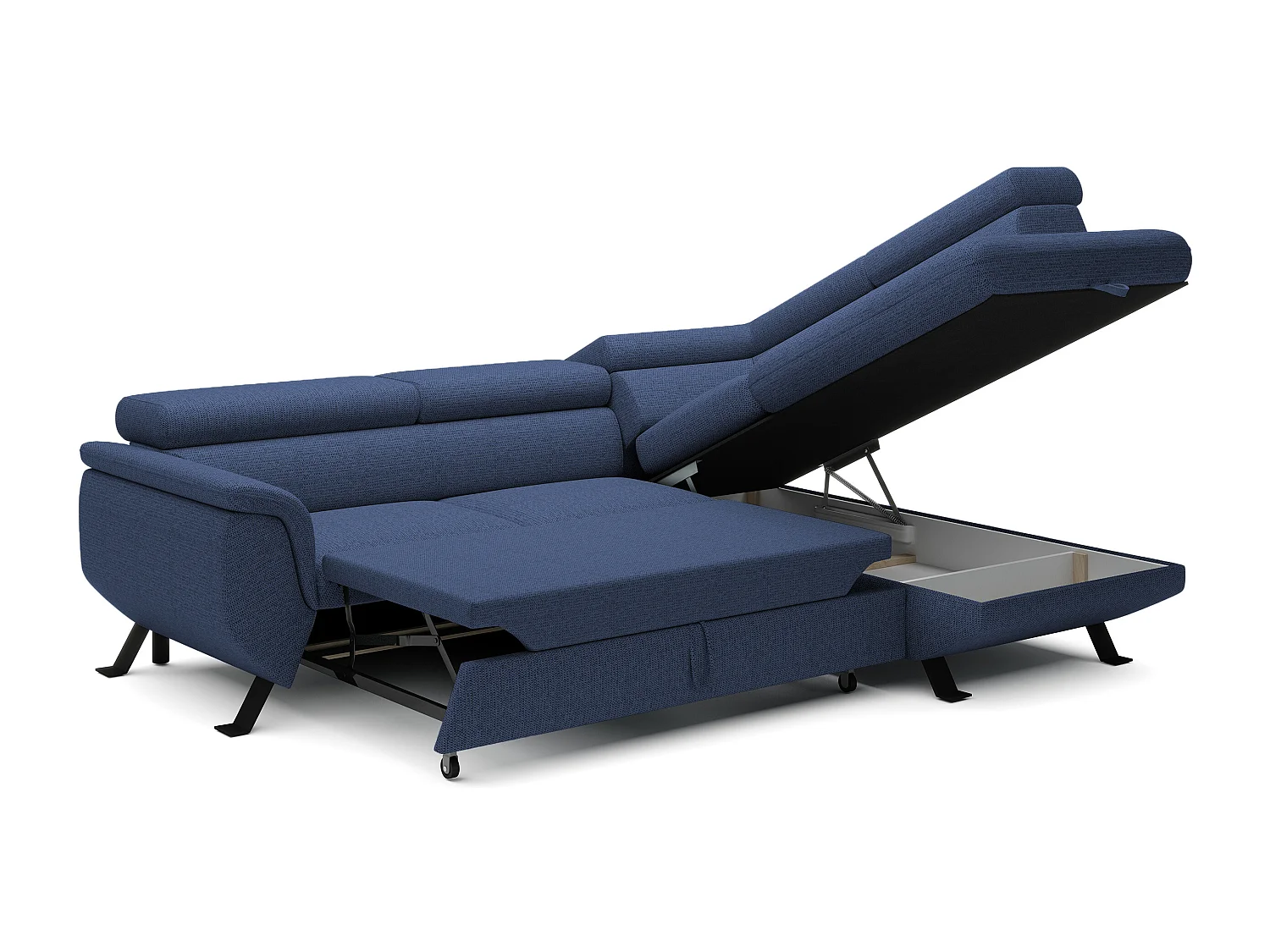 Canapé RAVEN L avec fonction de couchage, compartiment à literie, indépendant, rembourré avec têtières réglables 257x198x96 cm Côté droit Bleu