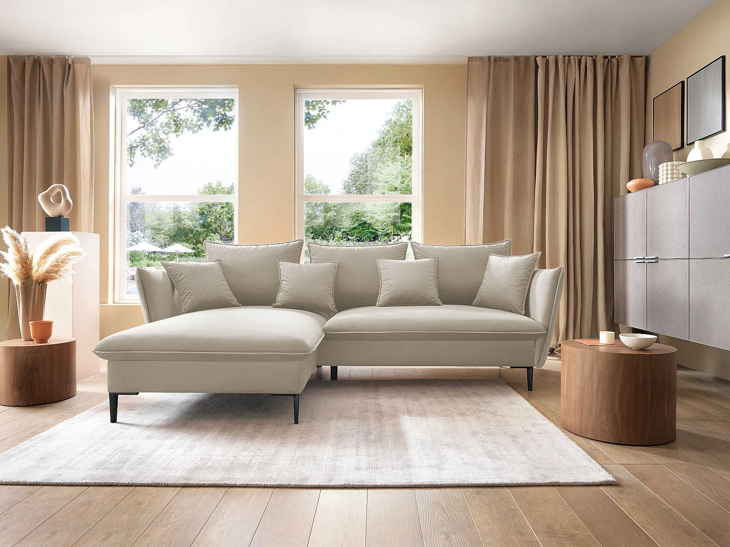 Canapé d'angle GLOSS convertible, ottomane & pieds dorés – canapé en velours style GLOSSour avec coussins déco, 258x167x91 cm, côté gauche PLATINE