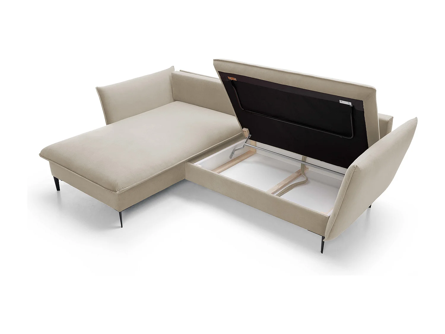 Canapé d'angle GLOSS convertible, ottomane & pieds dorés – canapé en velours style GLOSSour avec coussins déco, 258x167x91 cm, côté gauche PLATINE