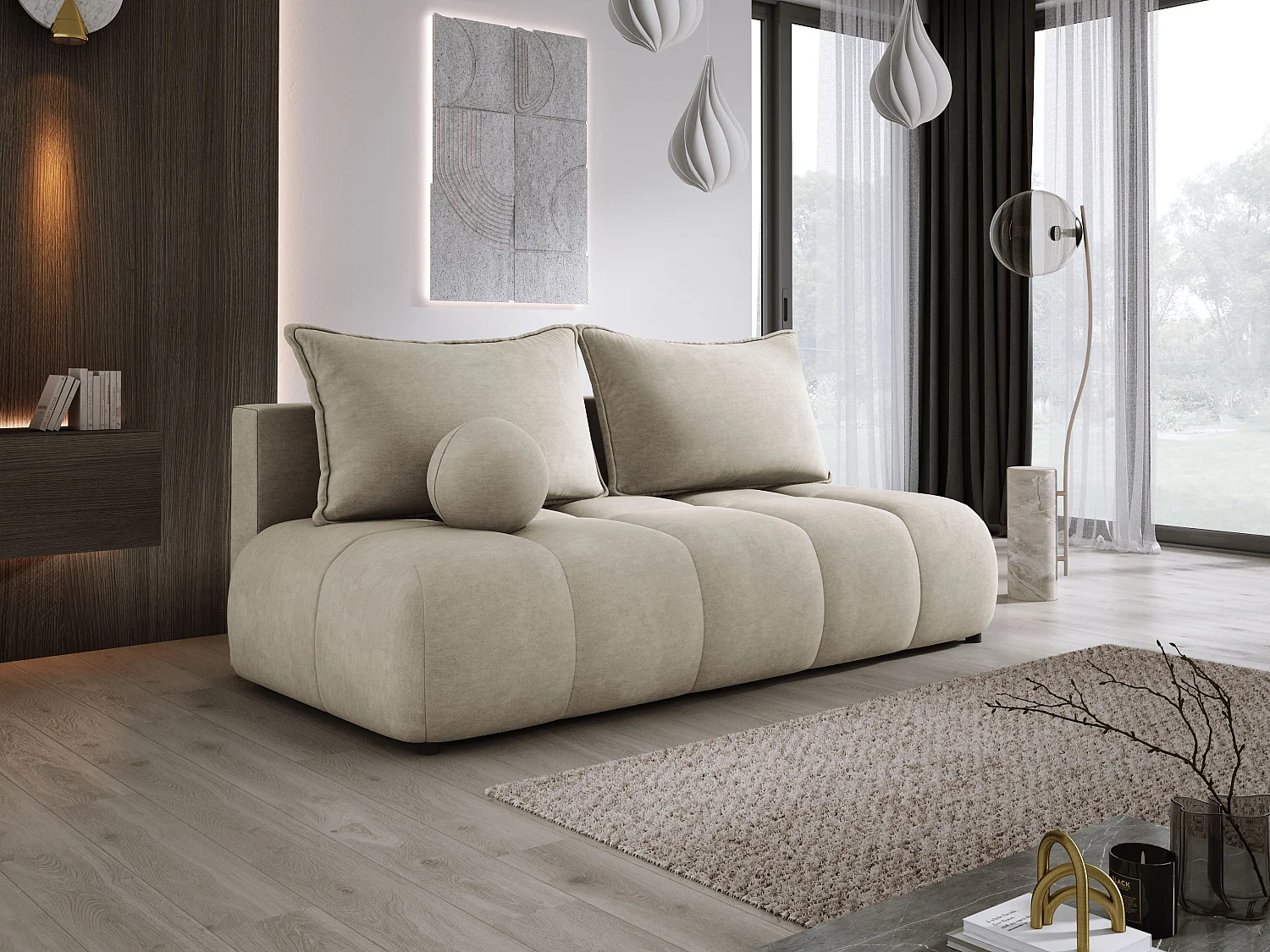 Sofa COCO MINI Schlafsofa mit Bettfunktion, CLOUD Stoff, 2-Sitzer, freistehend, 205x105x97cm, Farbe: Beige