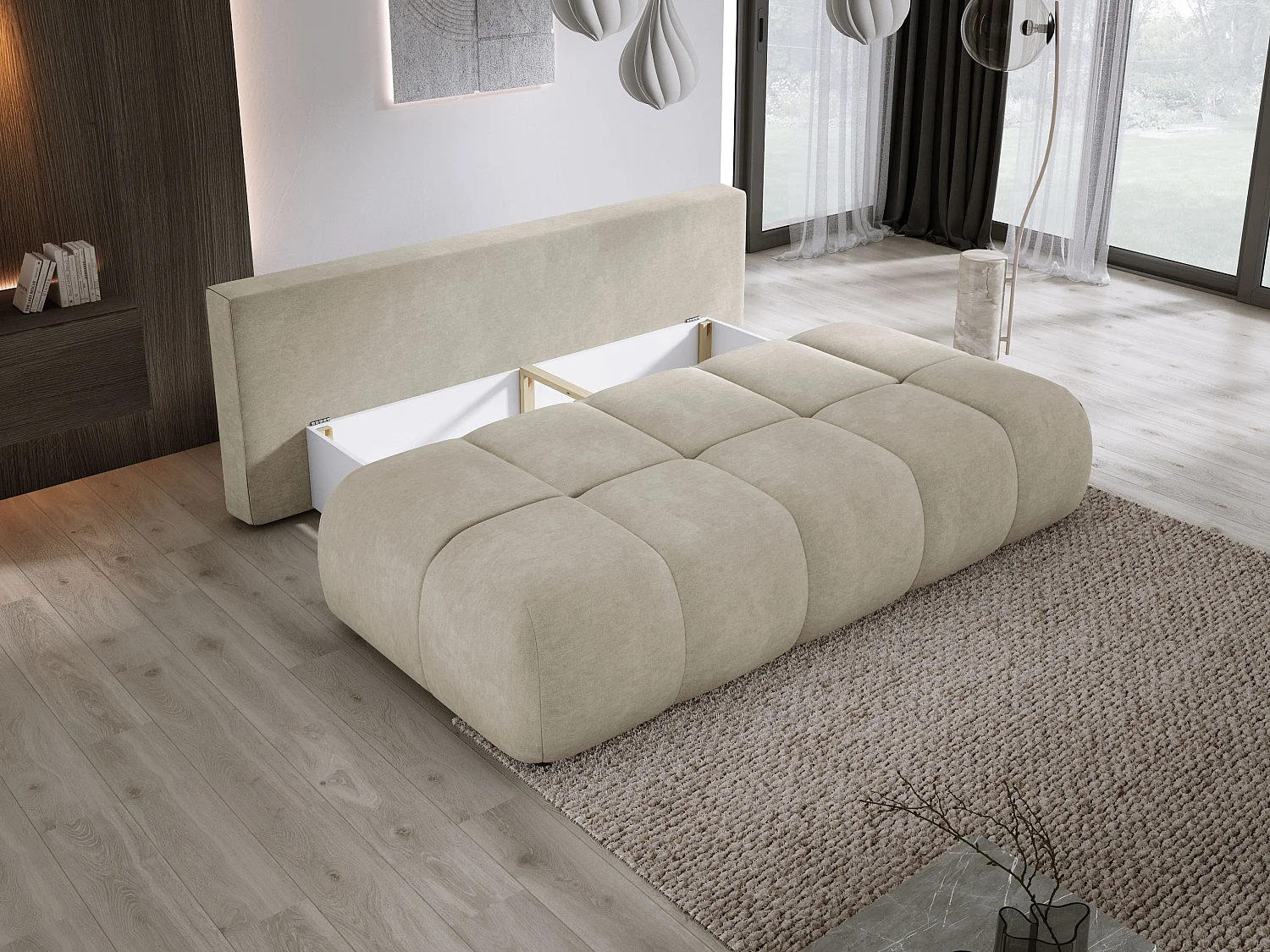 Sofa COCO MINI Schlafsofa mit Bettfunktion, CLOUD Stoff, 2-Sitzer, freistehend, 205x105x97cm, Farbe: Beige
