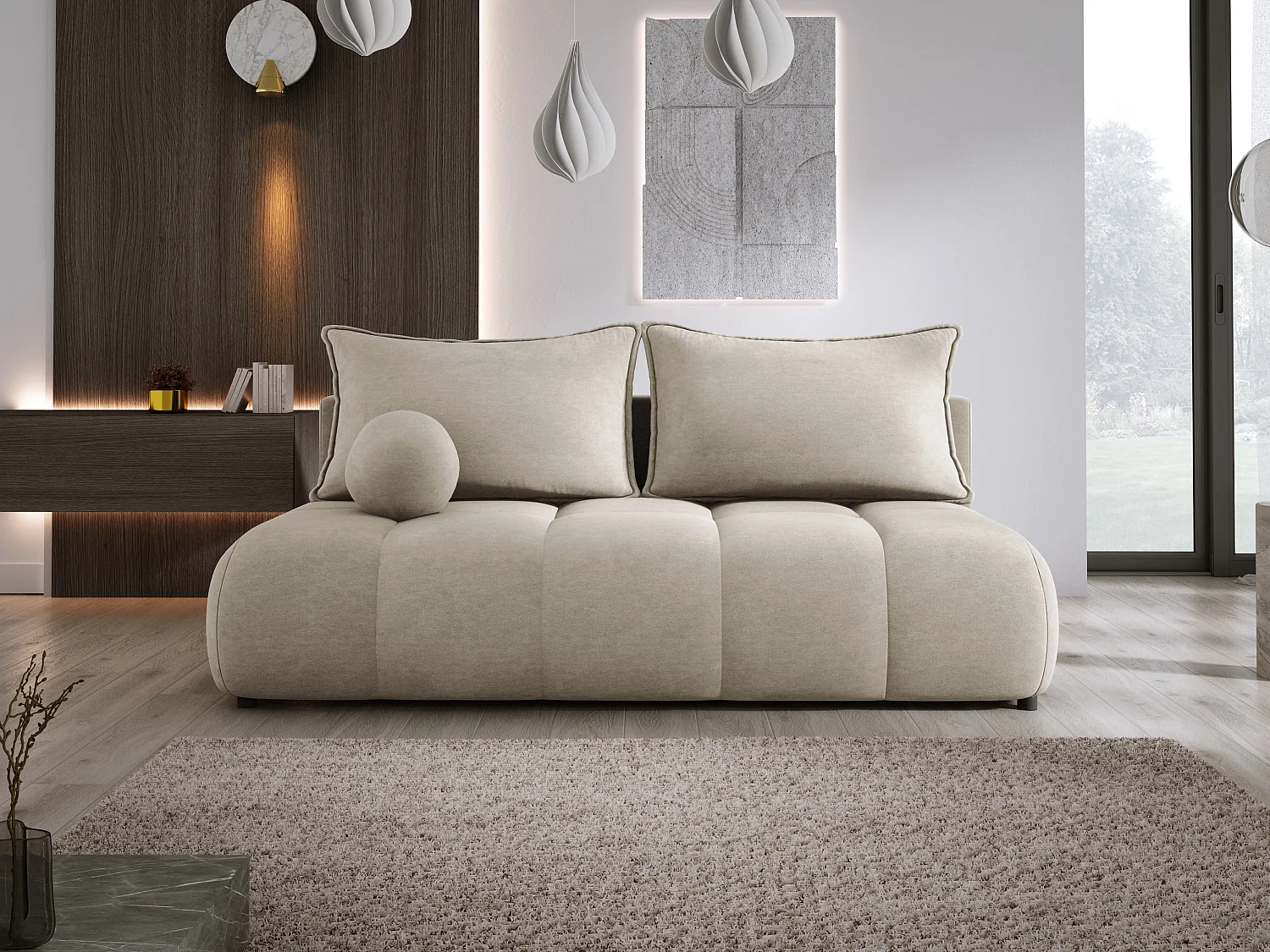 Sofa COCO MINI convertible avec couchage, tissu CLOUD, 2 places, autoportant, 205x105x97 cm, couleur : Beige