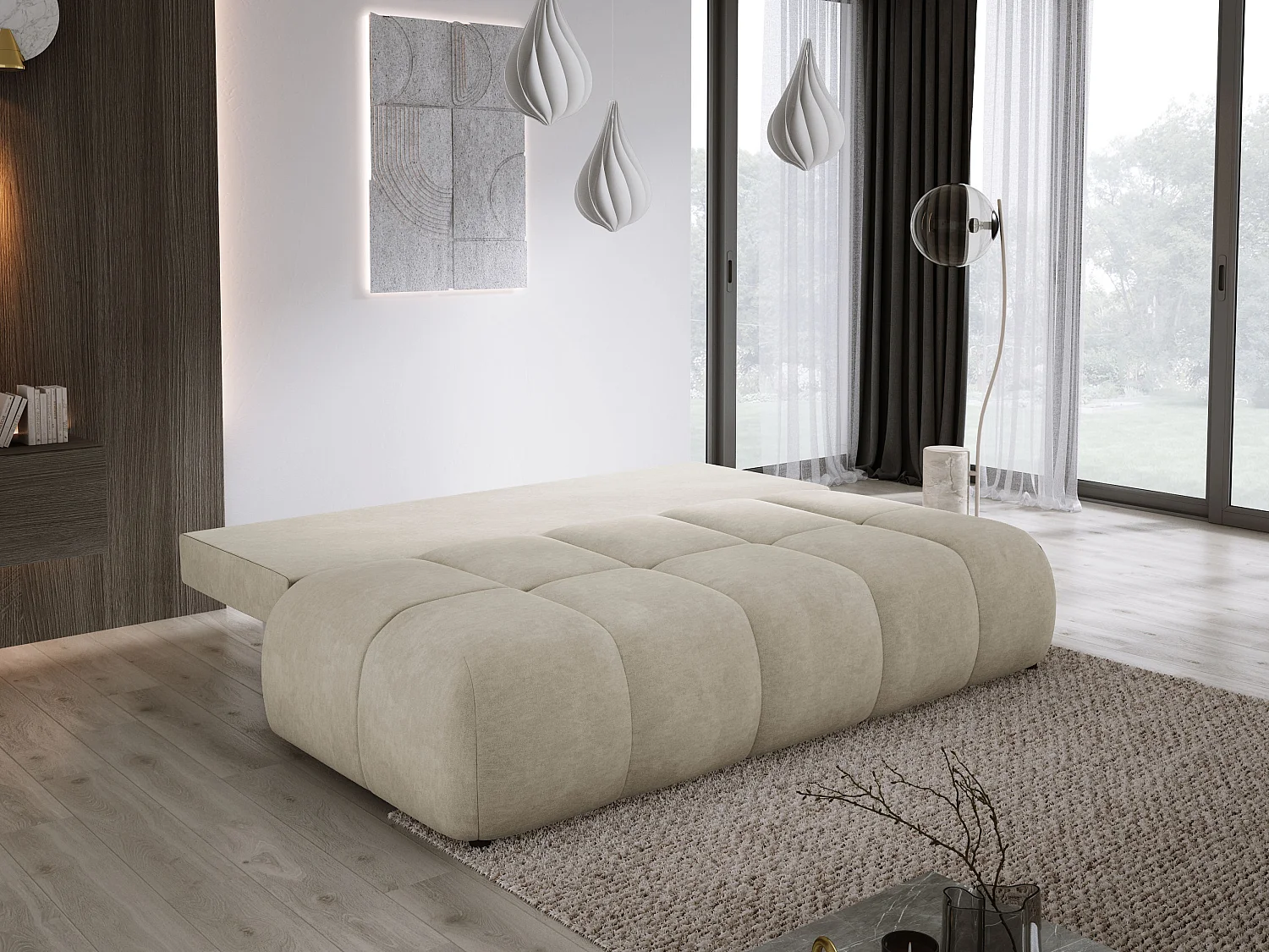 Sofa COCO MINI convertible avec couchage, tissu CLOUD, 2 places, autoportant, 205x105x97 cm, couleur : Beige