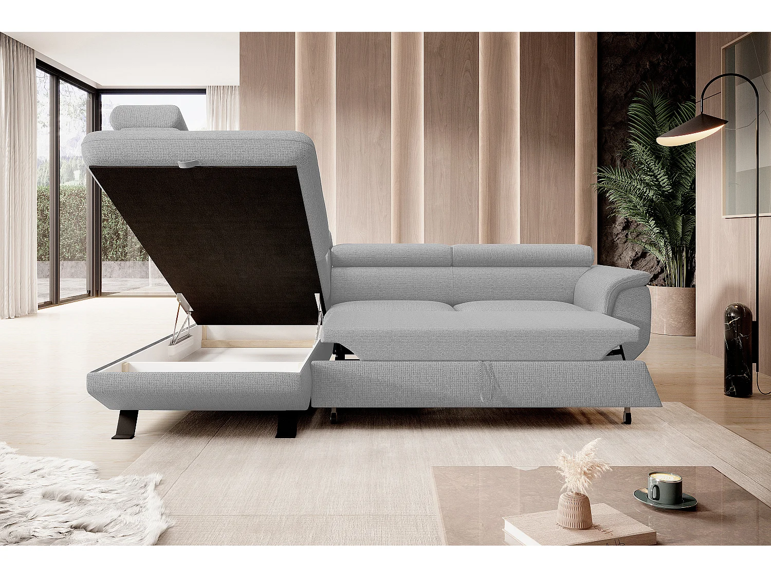 ECKSOFA RAVEN L mit Schlaffunktion und Bettkasten, Freistehend, Polstersofa mit Verstellbaren Kopfstützen, 257x198x96 cm, Linke Seite, Esche