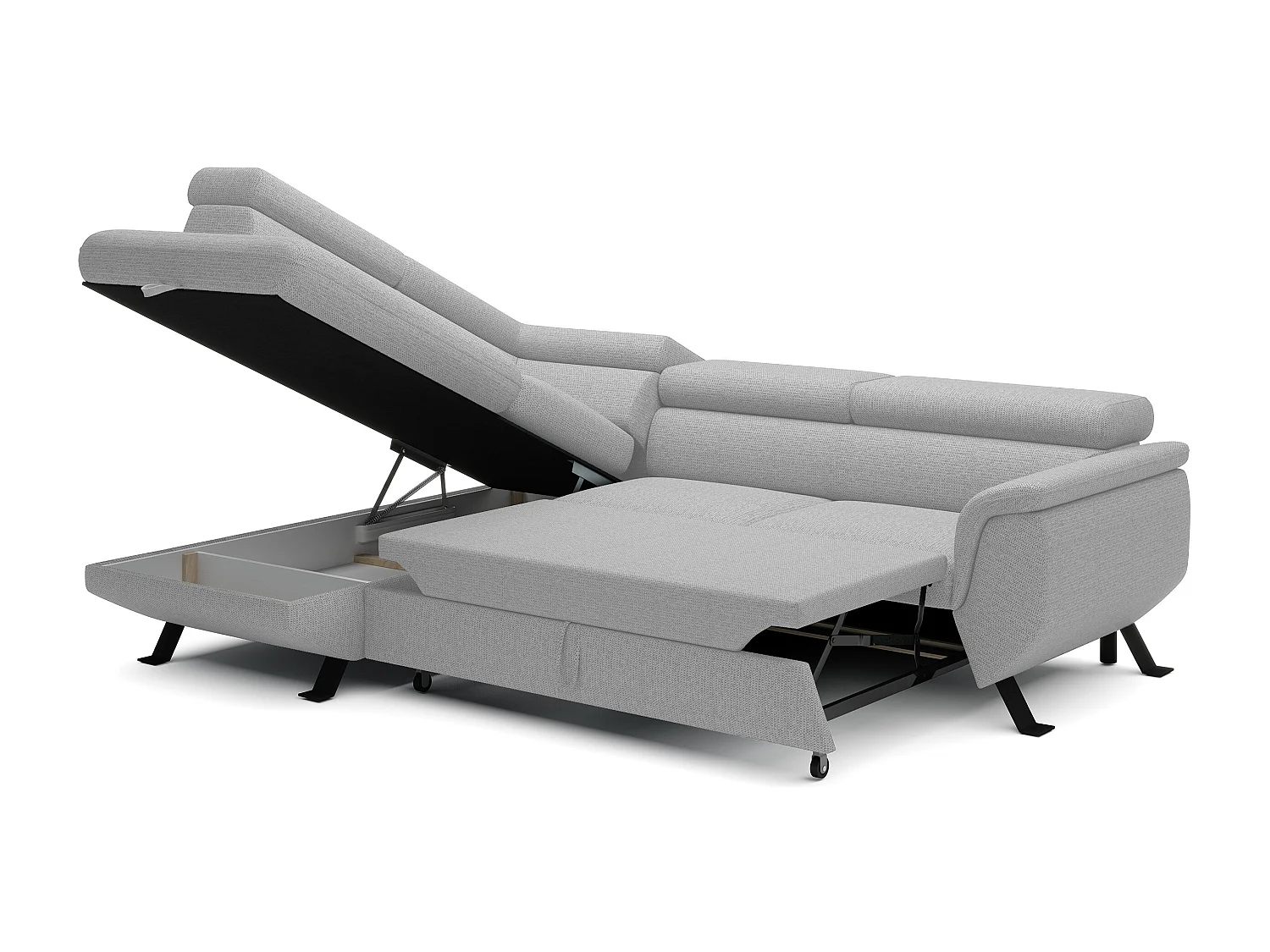 ECKSOFA RAVEN L mit Schlaffunktion und Bettkasten, Freistehend, Polstersofa mit Verstellbaren Kopfstützen, 257x198x96 cm, Linke Seite, Esche