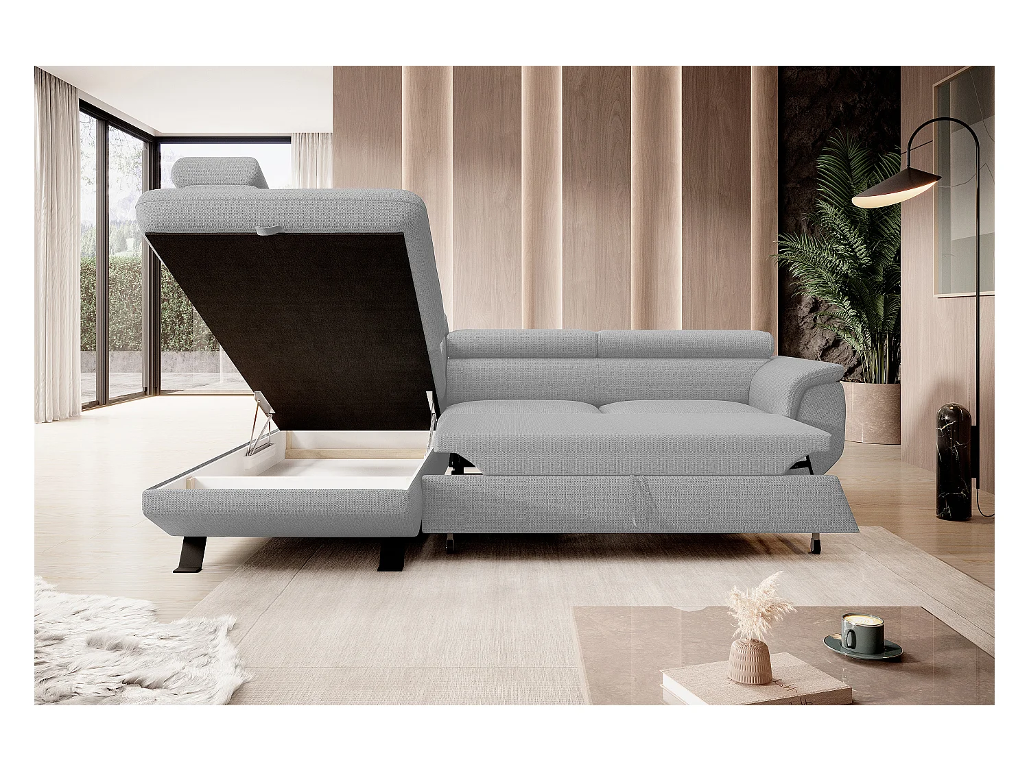 Canapé RAVEN L avec fonction de couchage, compartiment à literie, indépendant, rembourré avec têtières réglables 257x198x96 cm Côté gauche Gris cendré