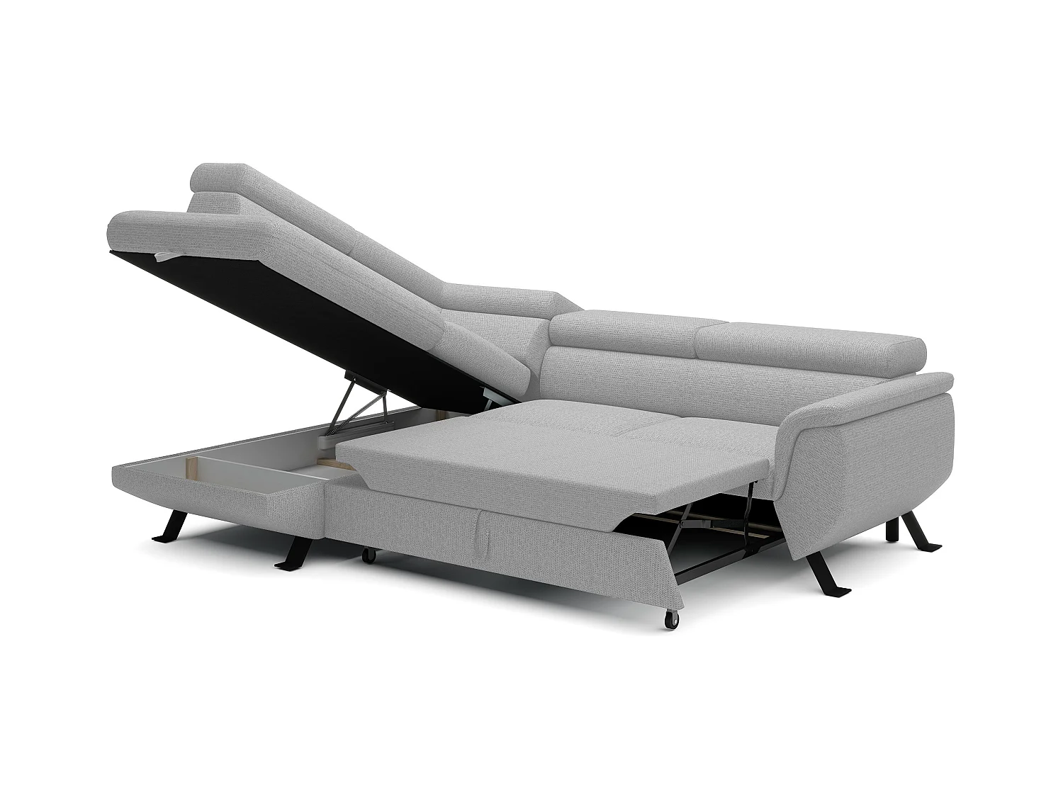 Canapé RAVEN L avec fonction de couchage, compartiment à literie, indépendant, rembourré avec têtières réglables 257x198x96 cm Côté gauche Gris cendré