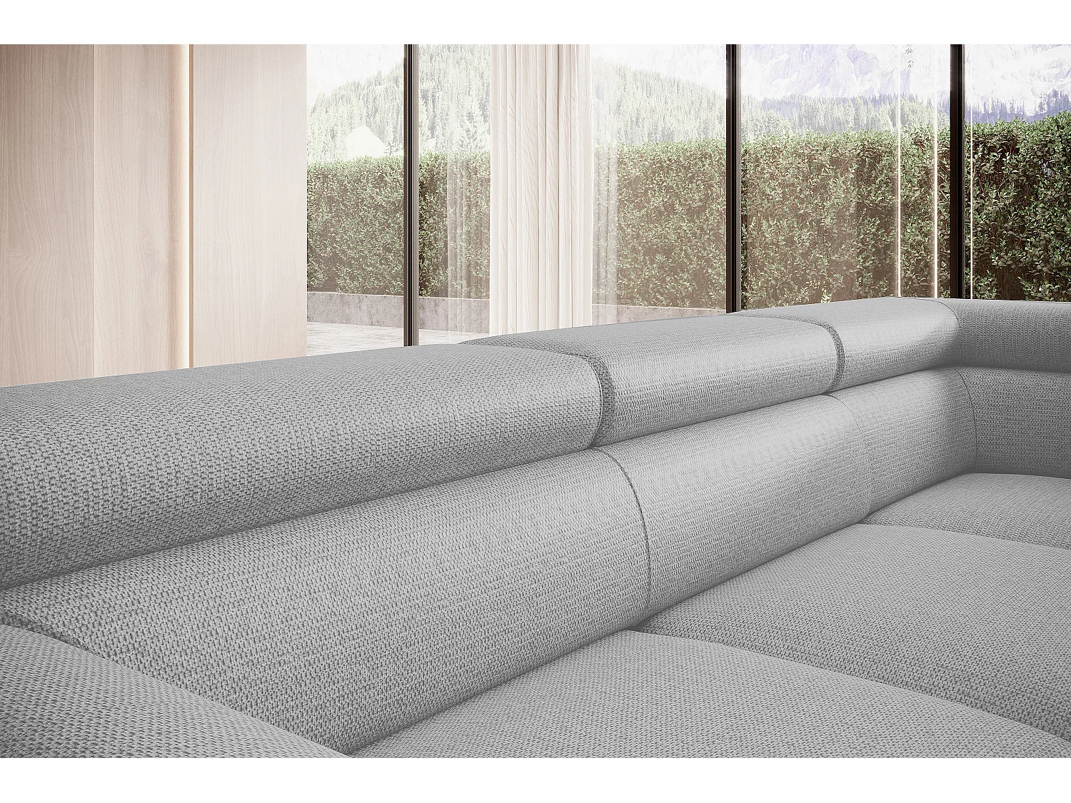 Canapé RAVEN L avec fonction de couchage, compartiment à literie, indépendant, rembourré avec têtières réglables 257x198x96 cm Côté gauche Gris cendré