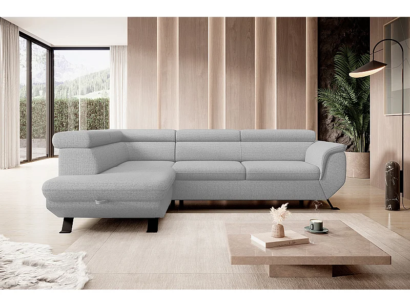 Canapé RAVEN L avec fonction de couchage, compartiment à literie, indépendant, rembourré avec têtières réglables 257x198x96 cm Côté gauche Gris cendré