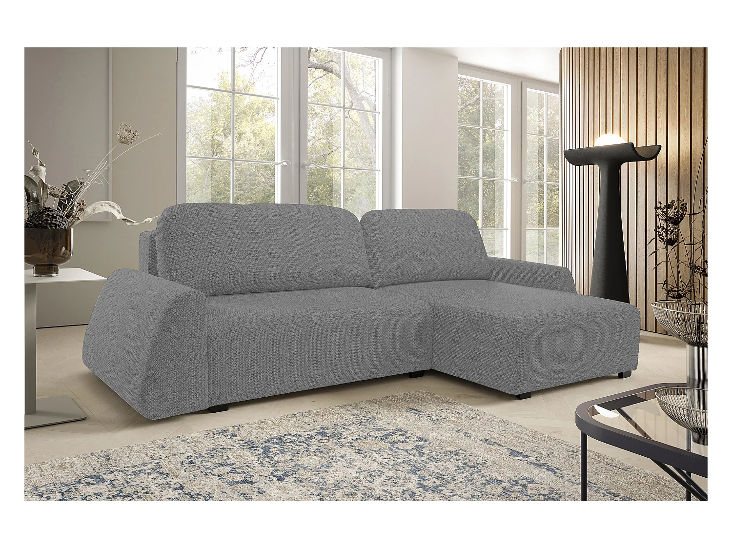 Canapé d'angle ALMI 160x275 cm, couchage, coffre, ressorts, assise confortable, côté droit, argenté