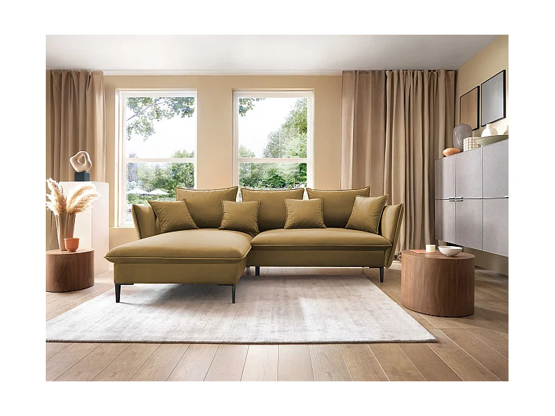 Canapé d'angle GLOSS convertible, ottomane & pieds dorés – canapé en velours style GLOSSour avec coussins déco, 258x167x91 cm, côté gauche LILA