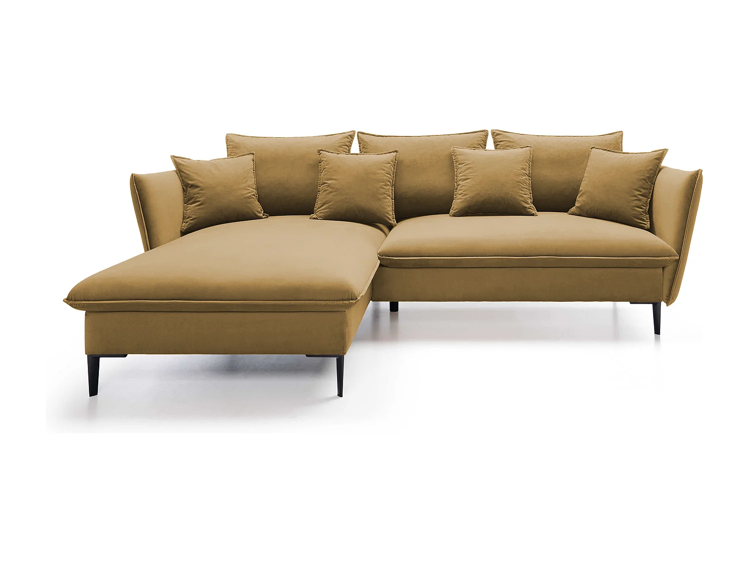 Canapé d'angle GLOSS convertible, ottomane & pieds dorés – canapé en velours style GLOSSour avec coussins déco, 258x167x91 cm, côté gauche LILA