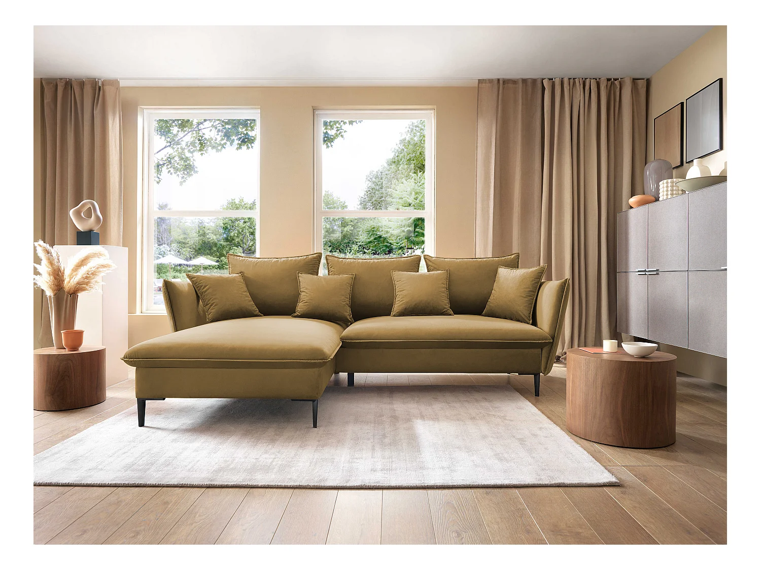 Canapé d'angle GLOSS convertible, ottomane & pieds dorés – canapé en velours style GLOSSour avec coussins déco, 258x167x91 cm, côté gauche LILA